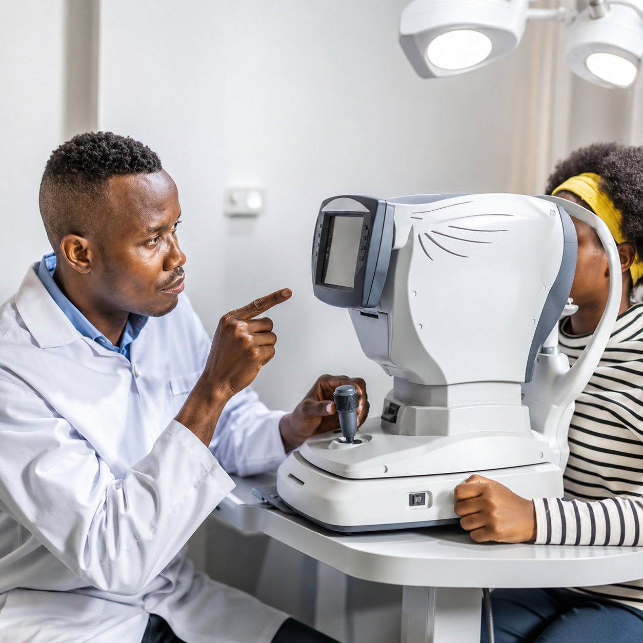Optometrist conducting an eye examination using advanced optical testing equipment